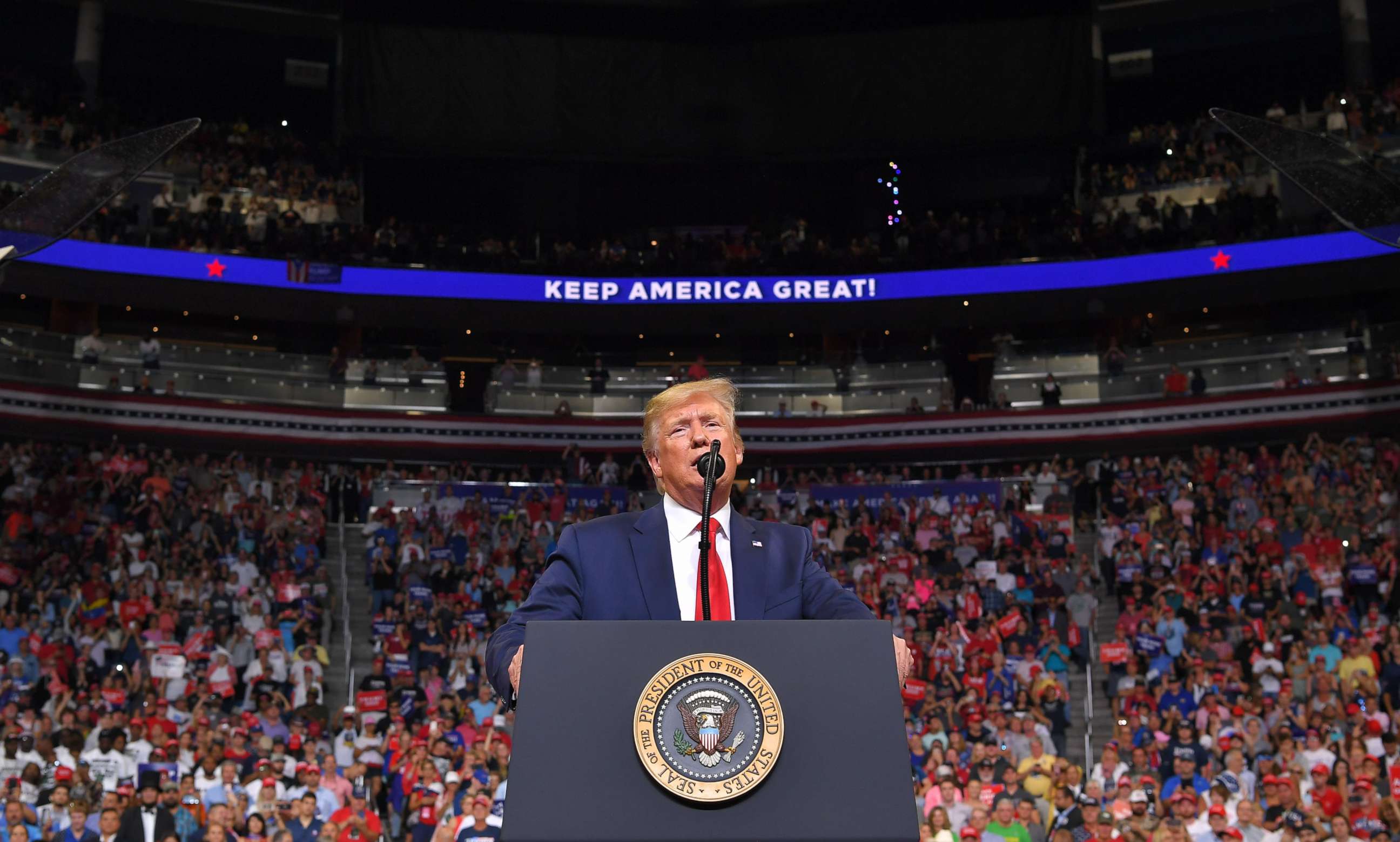 PHOTO: President Donald Trump speaks during a rally at the Amway Center in Orlando, Florida to officially launch his 2020 campaign, June 18, 2019. 
