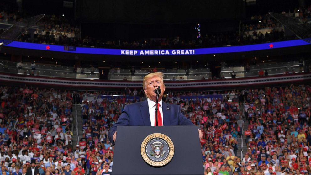 PHOTO: President Donald Trump speaks during a rally at the Amway Center in Orlando, Florida to officially launch his 2020 campaign, June 18, 2019. 