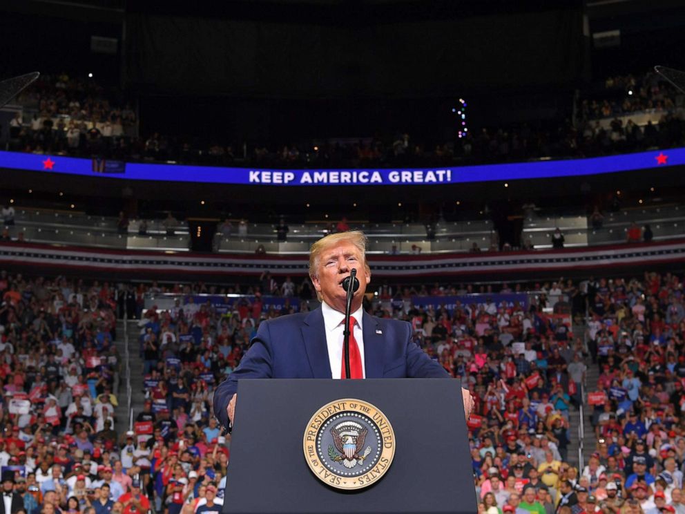 PHOTO: President Donald Trump speaks during a rally at the Amway Center in Orlando, Florida to officially launch his 2020 campaign, June 18, 2019.