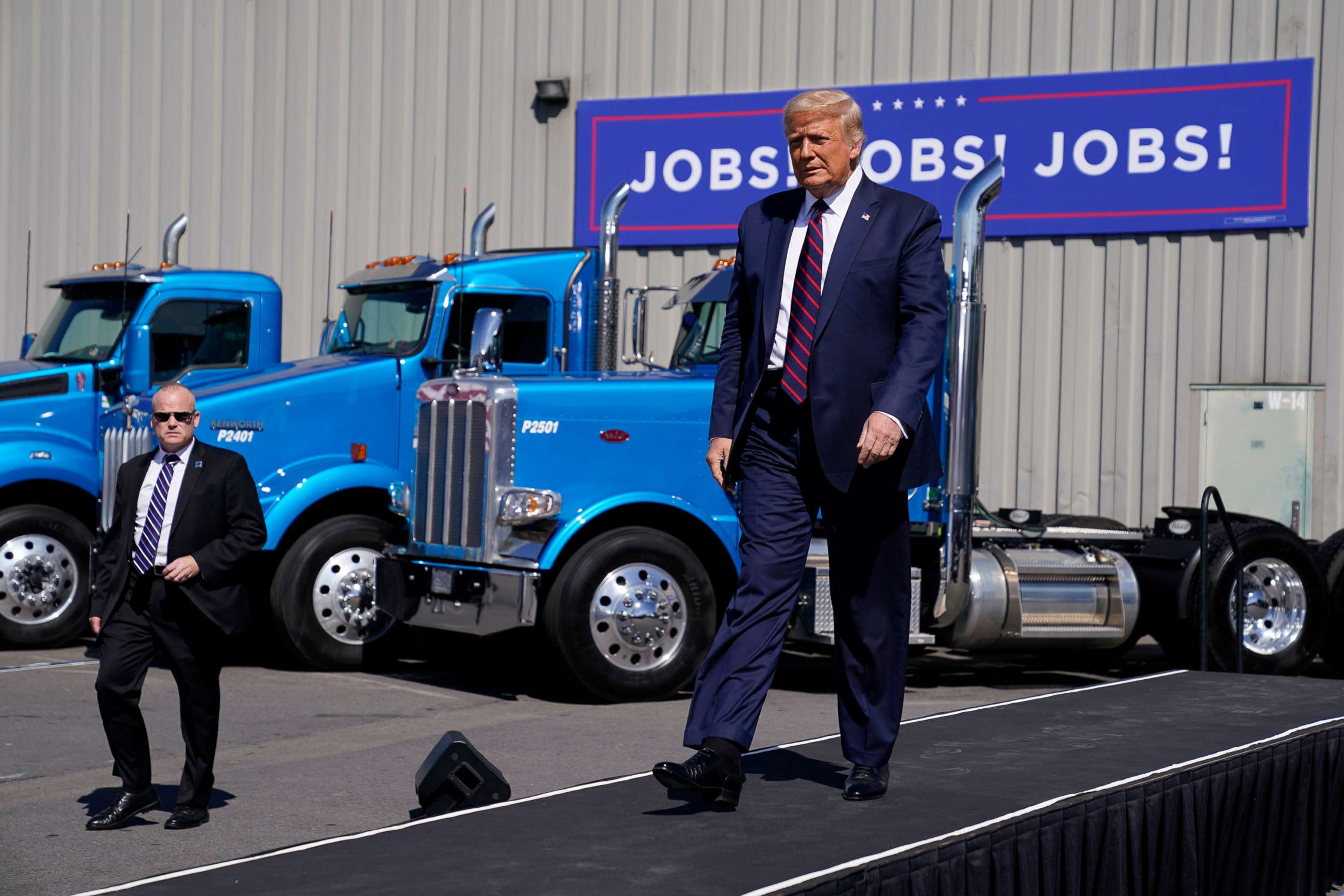 PHOTO: President Donald Trump arrives to speak to a crowd of supporters during a campaign stop at Mariotti Building Product, Aug. 20, 2020, in Old Forge, Pa. 