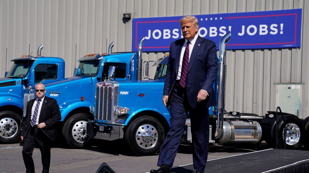 PHOTO: President Donald Trump arrives to speak to a crowd of supporters during a campaign stop at Mariotti Building Product, Aug. 20, 2020, in Old Forge, Pa.