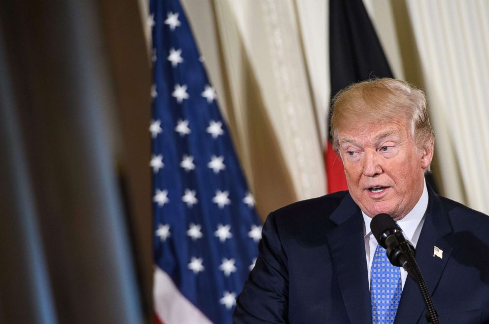 PHOTO: President Donald Trump speaks during a joint press conference with Germany's Chancellor Angela Merkel in the East Room of the White House, April 27, 2018.