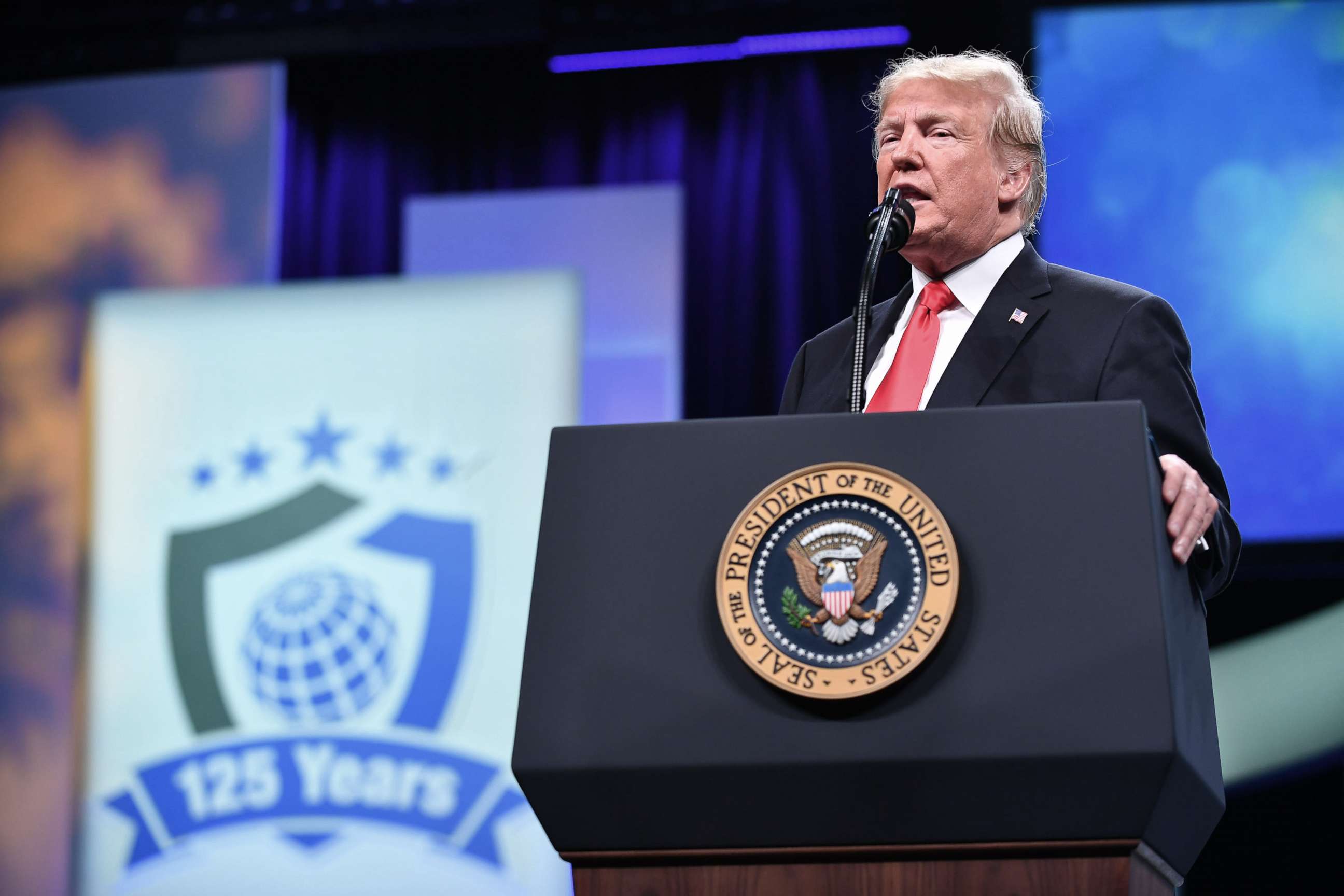 PHOTO: President Donald Trump addresses the International Association of Chiefs of Police (IACP) annual convention at the Orange County Convention Center in Orlando, Fla., Oct. 8, 2018. 
