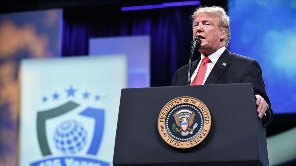 PHOTO: President Donald Trump addresses the International Association of Chiefs of Police (IACP) annual convention at the Orange County Convention Center in Orlando, Fla., Oct. 8, 2018. 