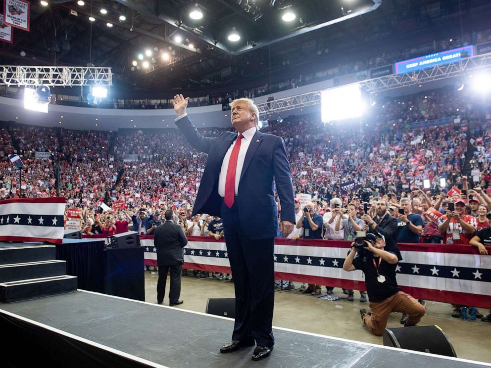 PHOTO: President Donald Trump waves as he arrives to a Make America Great Again campaign rally in Cincinnati, Aug. 1, 2019.