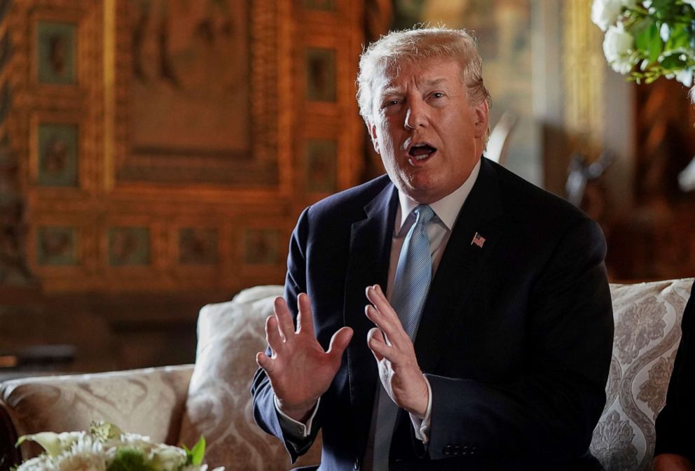 PHOTO: President Donald Trump talks to reporters at his Mar-a-Lago estate in Palm Beach, Fla., March 29, 2019.