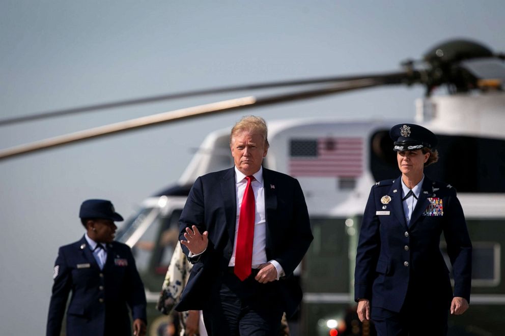 PHOTO: President Donald Trump waves as he walks to board Air Force One at Joint Base Andrews as he heads to spend Easter weekend at his Mar-a-Lago club, in Maryland, April 18, 2019. 