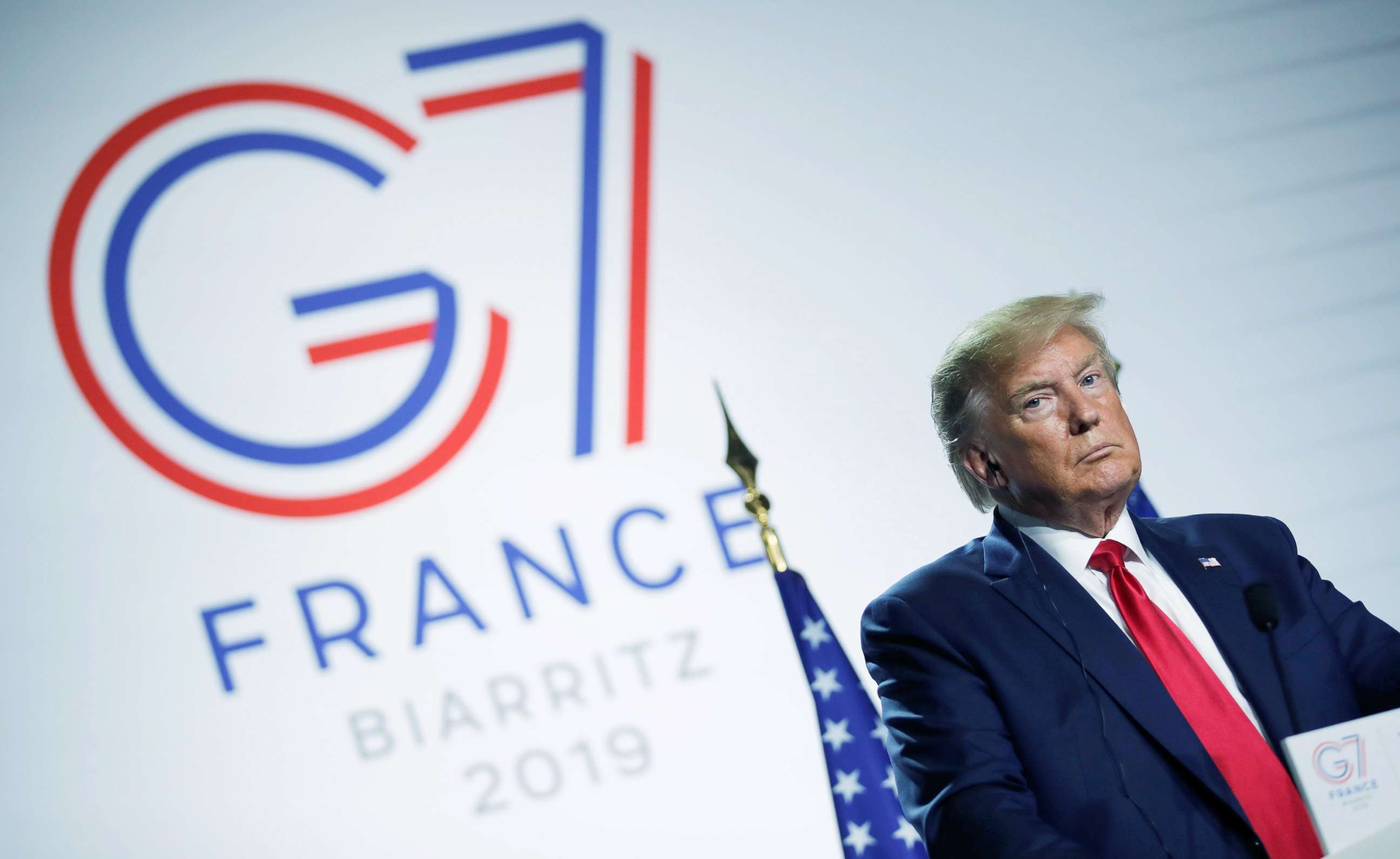 PHOTO: President Donald Trump looks on during a news conference at the end of the G7 summit in Biarritz, France, Aug. 26, 2019. 