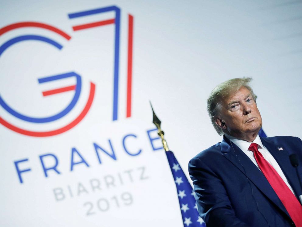 PHOTO: President Donald Trump looks on during a news conference at the end of the G7 summit in Biarritz, France, Aug. 26, 2019.