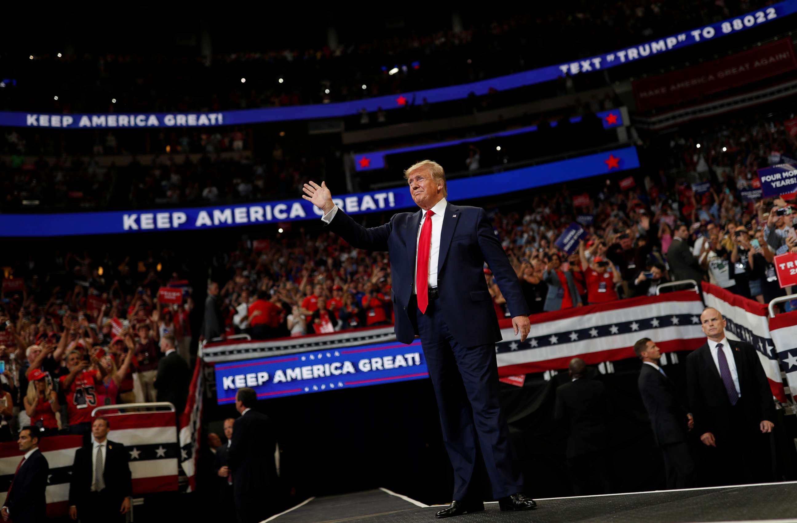 PHOTO: President Donald Trump reacts on stage formally kicking off his re-election bid with a campaign rally in Orlando, Fla., June 18, 2019.  