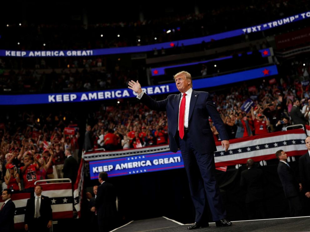 PHOTO: President Donald Trump reacts on stage formally kicking off his re-election bid with a campaign rally in Orlando, Fla., June 18, 2019.