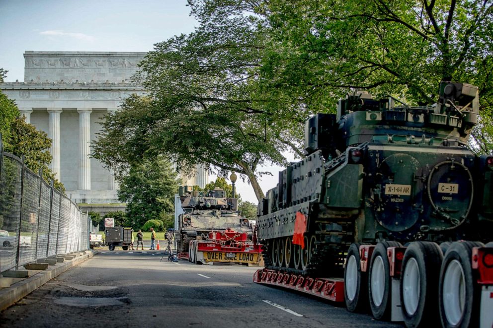 PHOTO: Two Bradley Fighting Vehicles are parked nearby the Lincoln Memorial for President Donald Trump's 'Salute to America' event honoring service branches on Independence Day, July 2, 2019, in Washington D.C.