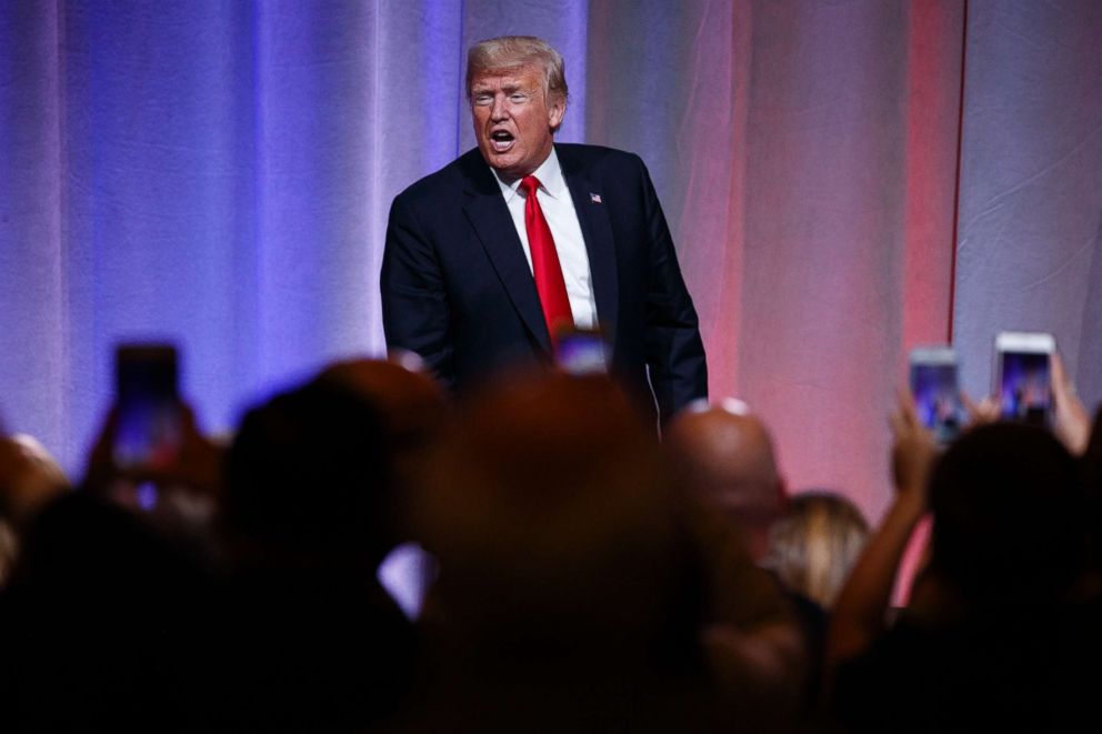 PHOTO: President Donald Trump walks off stage after speaking to the Ohio Republican Party State Dinner, Aug. 24, 2018, in Columbus, Ohio.