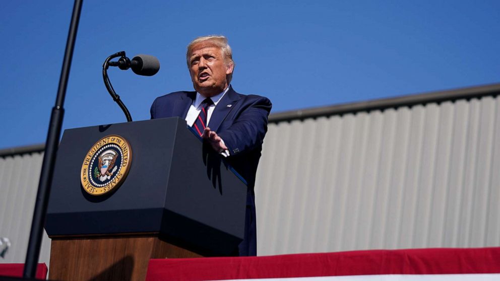 PHOTO: President Donald Trump speaks to a crowd of supporters during a campaign stop at Mariotti Building Product, Aug. 20, 2020, in Old Forge, Pa.