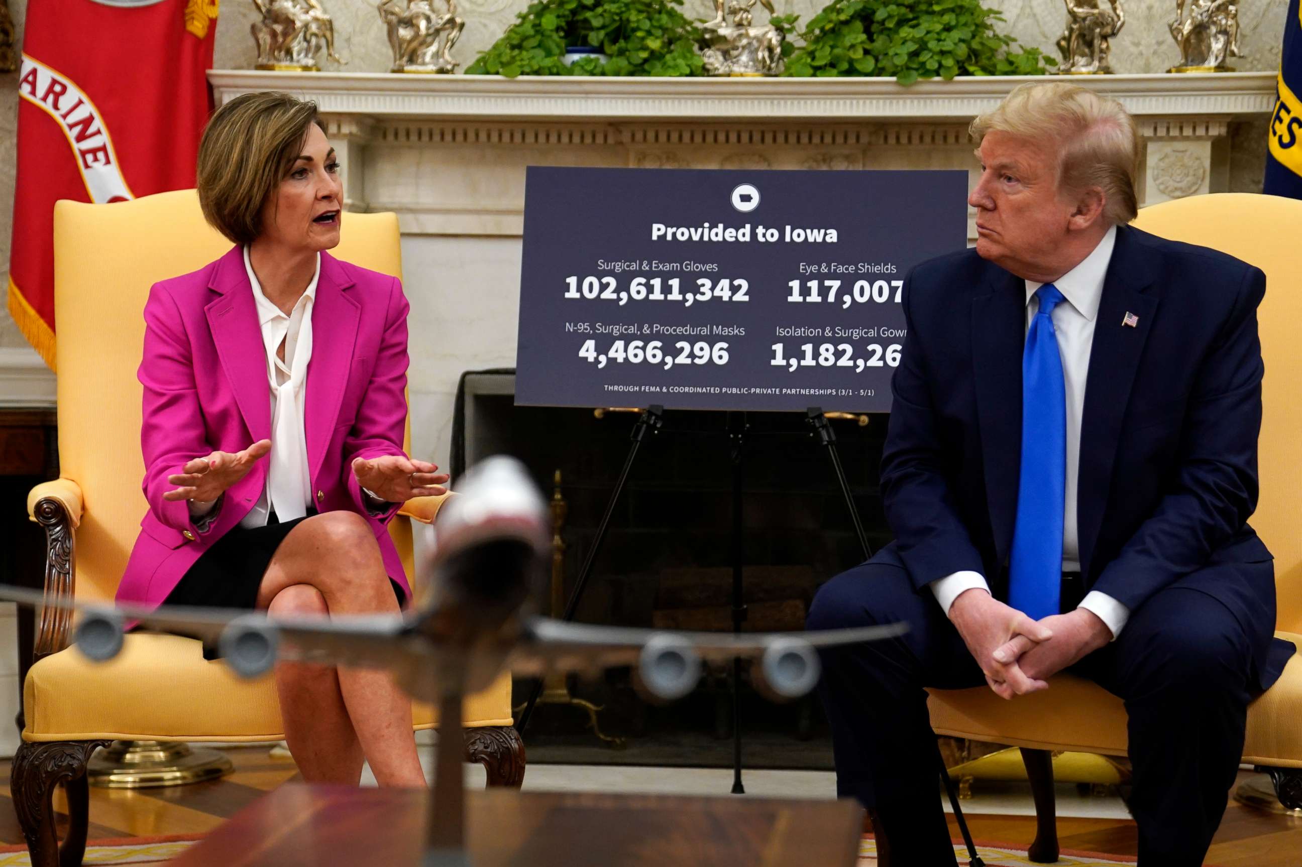 PHOTO: President Donald Trump listens during a meeting with Gov. Kim Reynolds, R-Iowa, in the Oval Office of the White House, May 6, 2020, in Washington.
