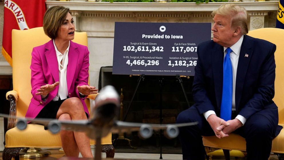 PHOTO: President Donald Trump listens during a meeting with Gov. Kim Reynolds, R-Iowa, in the Oval Office of the White House, May 6, 2020, in Washington.