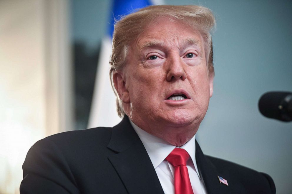 PHOTO: President Donald Trump speaks with Israeli Prime Minister Benjamin Netanyahu at the White House, March 25, 2019.