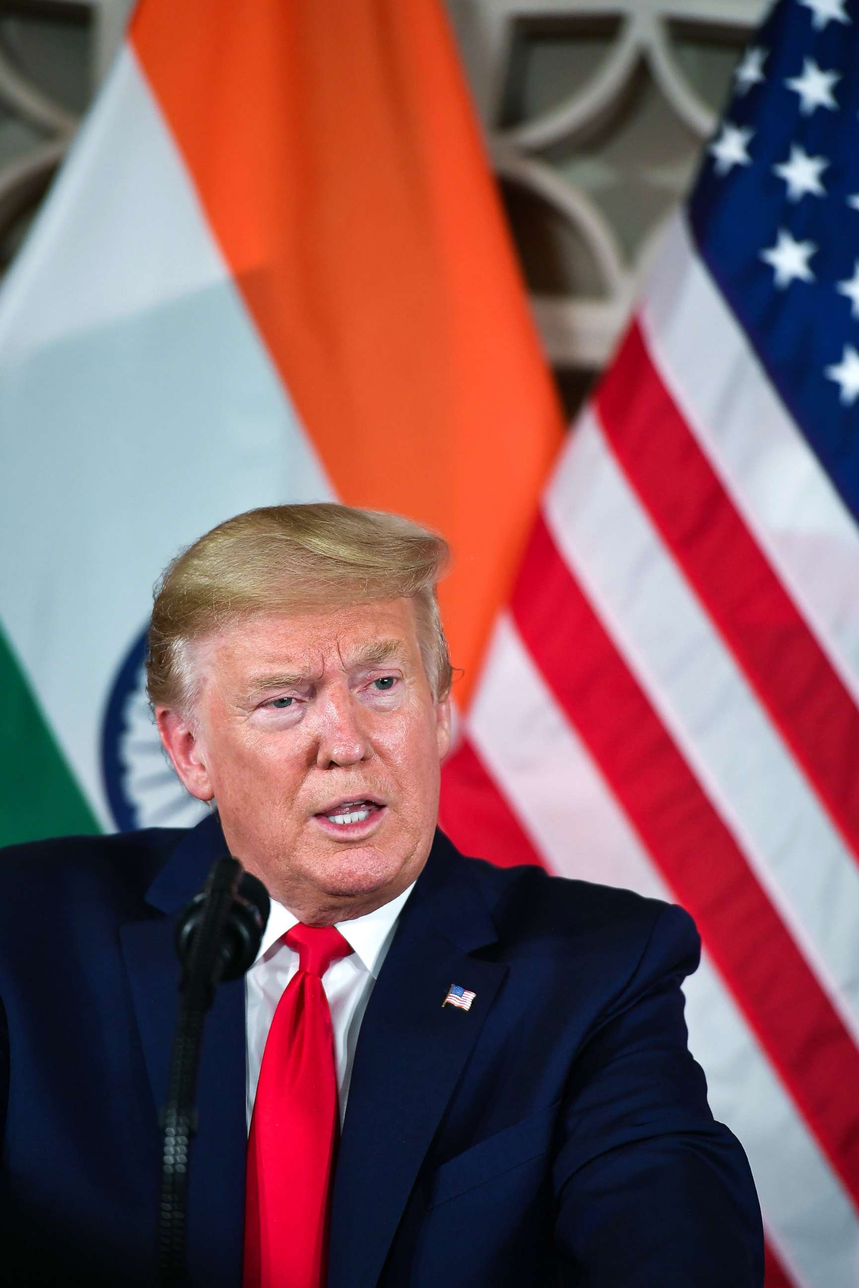 PHOTO: President Donald Trump speaks during a meeting at Roosevelt House in New Delhi, Feb. 25, 2020.