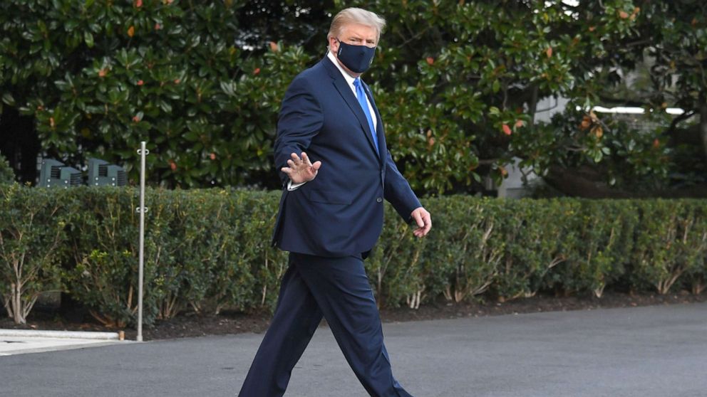 PHOTO: President Donald Trump walks to Marine One prior to departure from the South Lawn of the White House, Oct. 2, 2020, as he heads to Walter Reed Military Medical Center, after testing positive for Covid-19. 