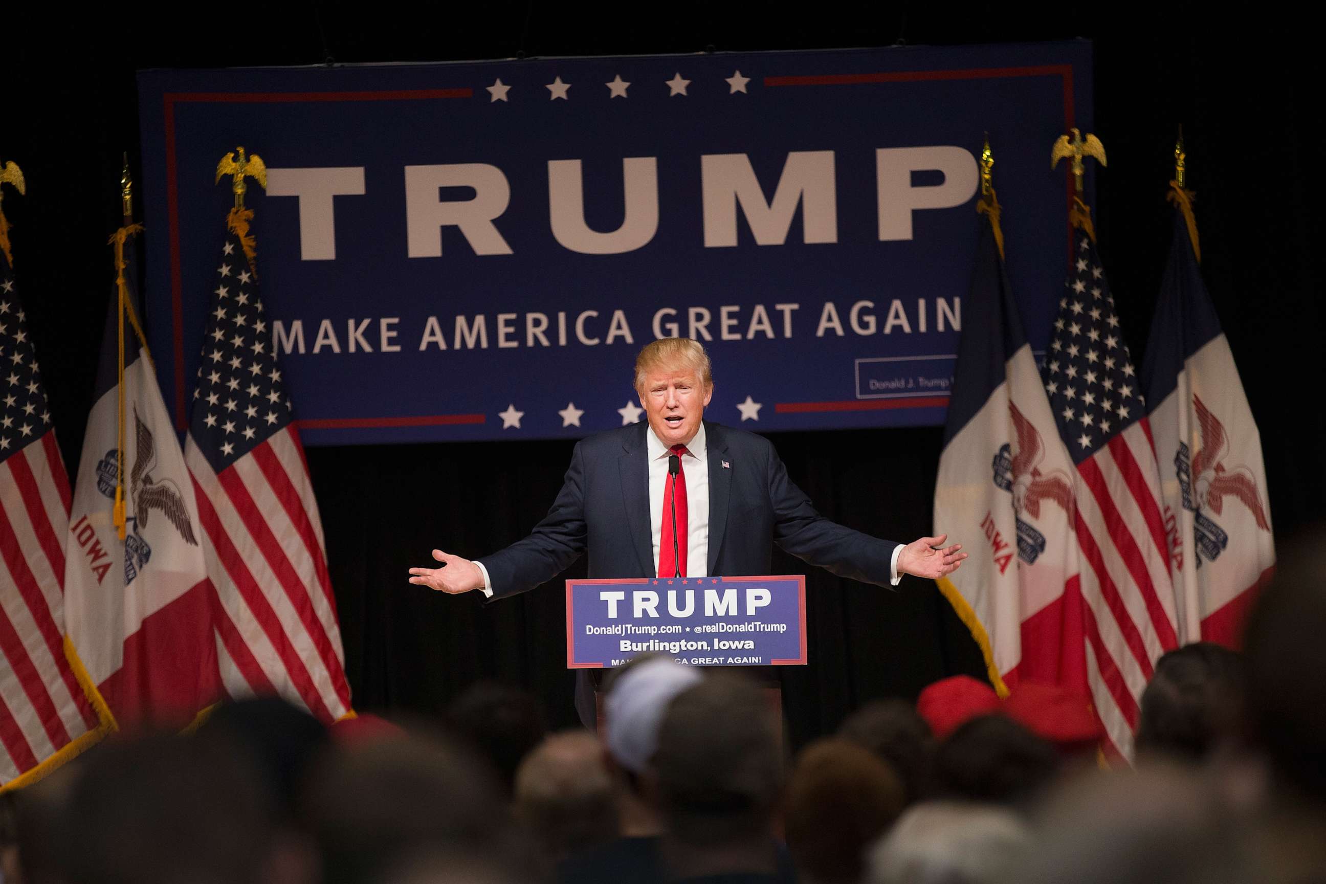 PHOTO: Republican presidential candidate Donald Trump speaks to guests at a campaign rally at Burlington Memorial Auditorium, Oct. 21, 2015, in Burlington, Iowa.