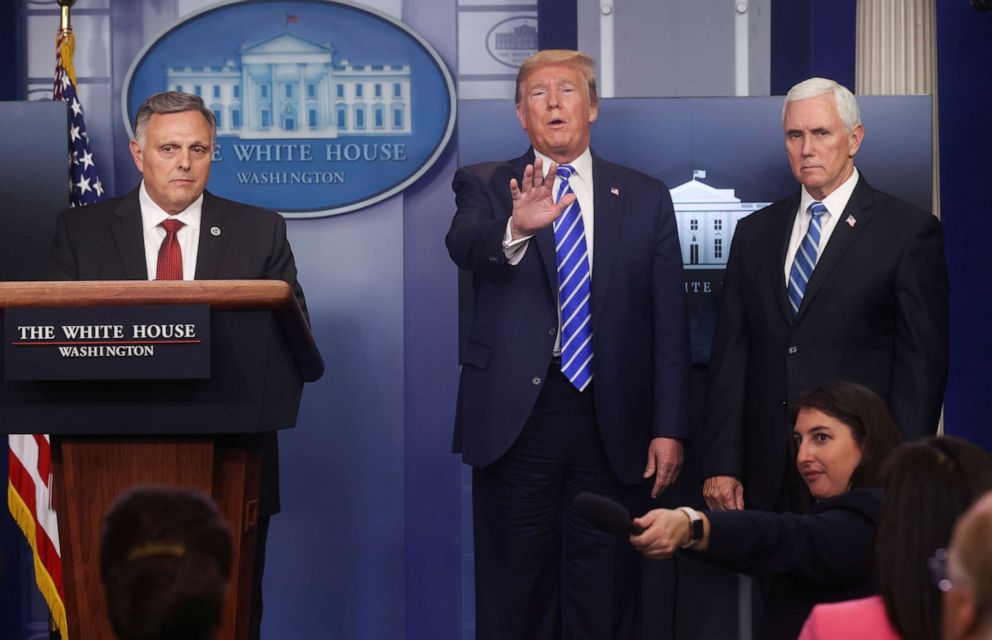 PHOTO: President Donald Trump reacts during the daily coronavirus task force briefing at the White House in Washington, April 23, 2020.