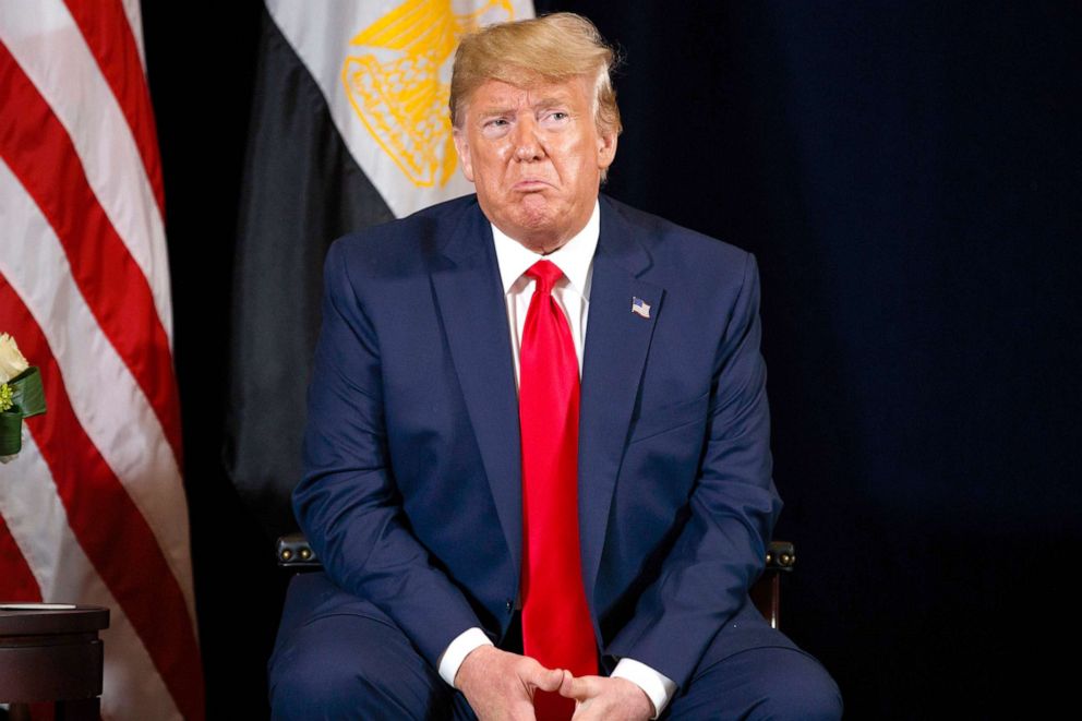 PHOTO: President Donald Trump speaks during a meeting with Egyptian President Abdel-Fattah el-Sisi during the United Nations General Assembly, Sept. 23, 2019, in New York.