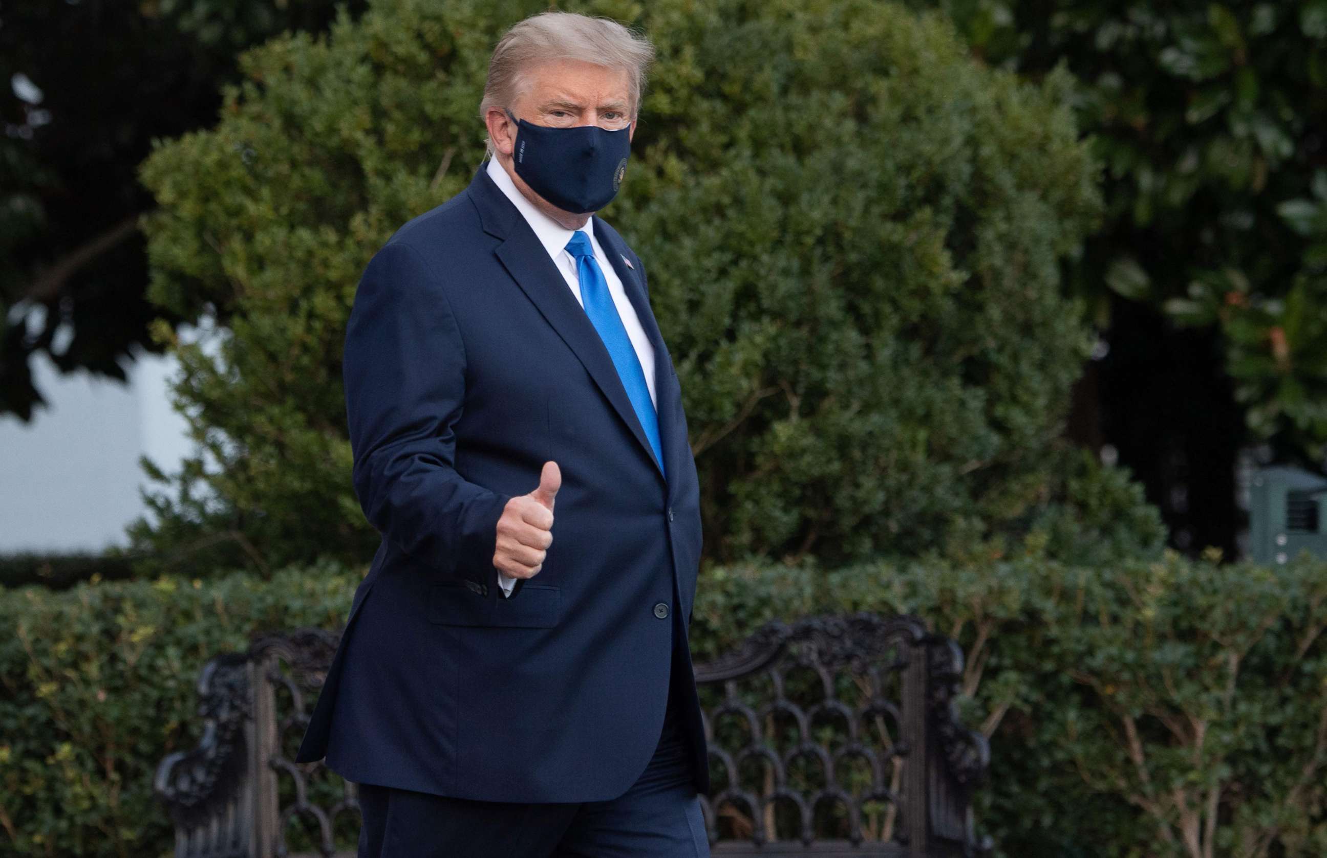 PHOTO: President Donald Trump walks to Marine One prior to departure from the South Lawn of the White House, Oct. 2, 2020, as he heads to Walter Reed Military Medical Center, after testing positive for COVID-19.