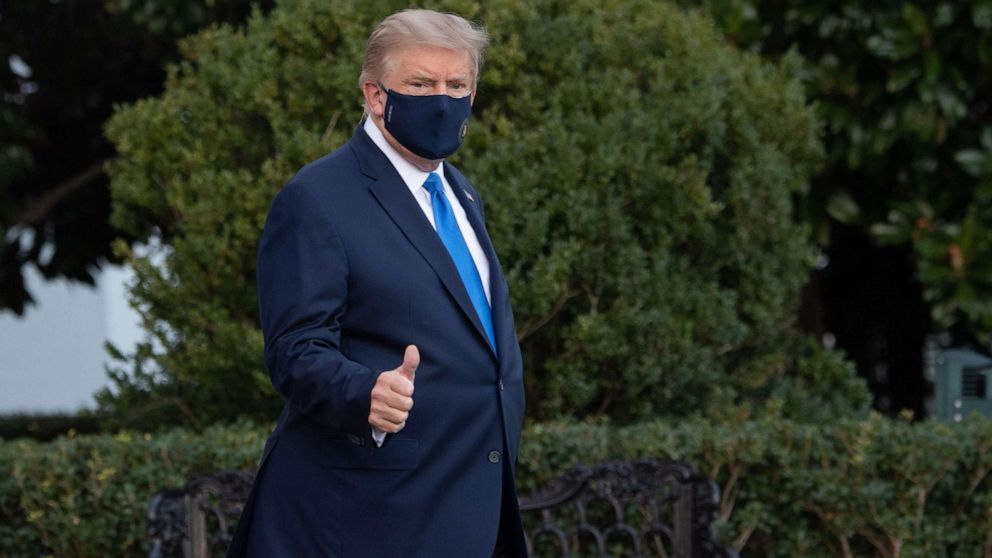 PHOTO: President Donald Trump walks to Marine One prior to departure from the South Lawn of the White House, Oct. 2, 2020, as he heads to Walter Reed Military Medical Center, after testing positive for COVID-19.