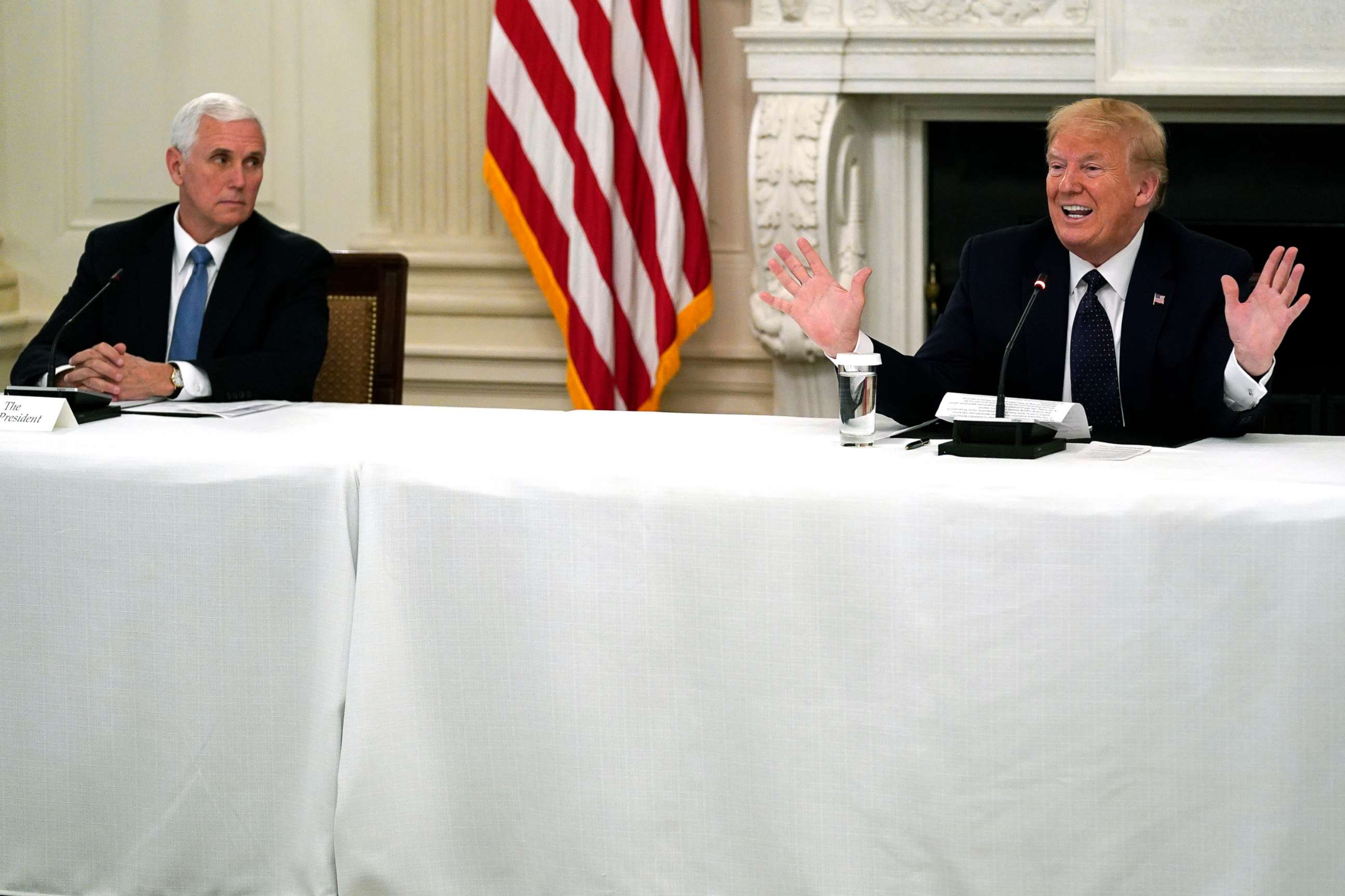 PHOTO: President Donald Trump tells reporters that he is taking zinc and hydroxychloroquine during a meeting with restaurant industry executives about the coronavirus response, in the State Dining Room of the White House, May 18, 2020.