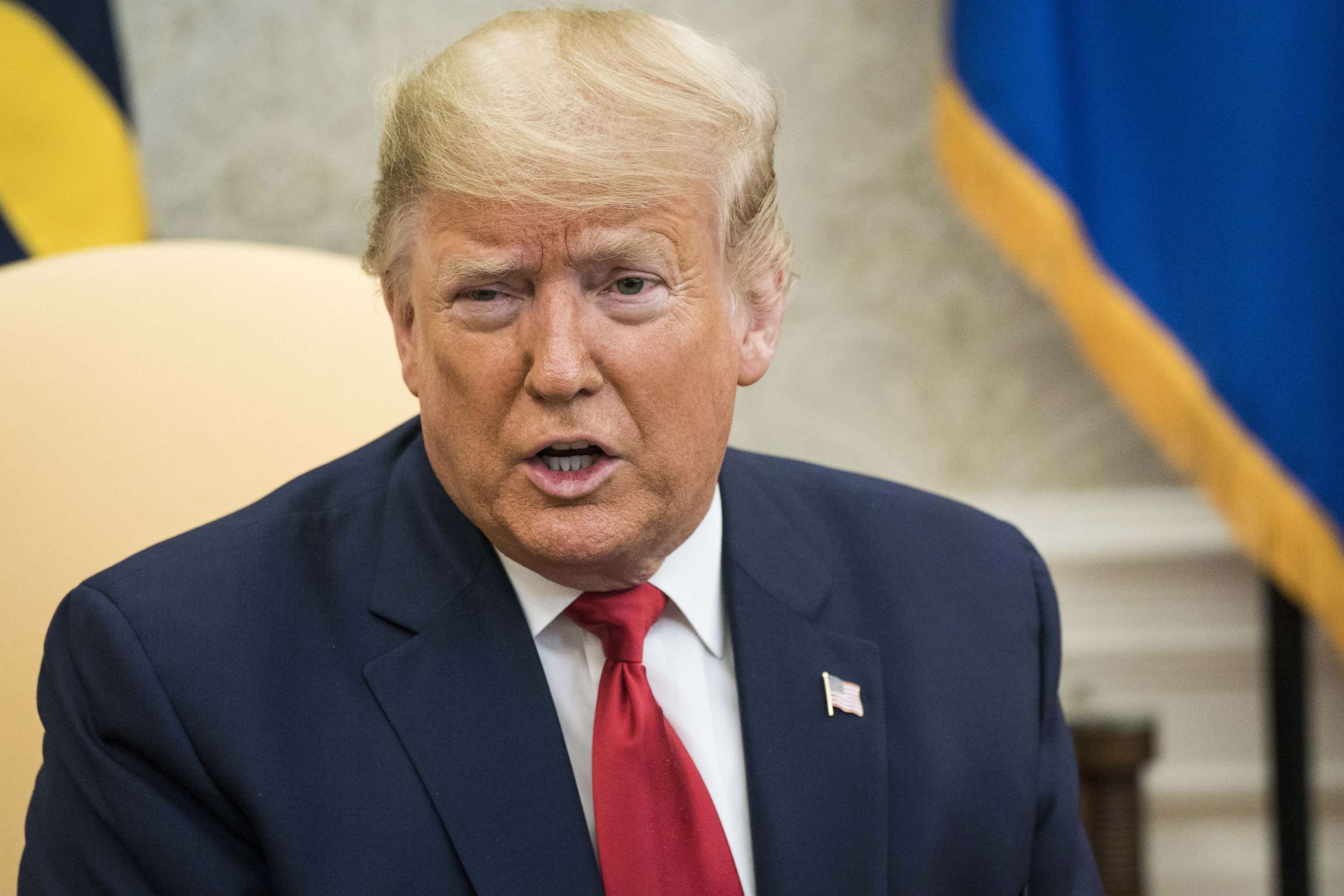 PHOTO: President Donald Trump speaks to the press during a meeting with President of the Republic of Colombia Ivan Duque Marquez in the Oval Office, March 2, 2020.