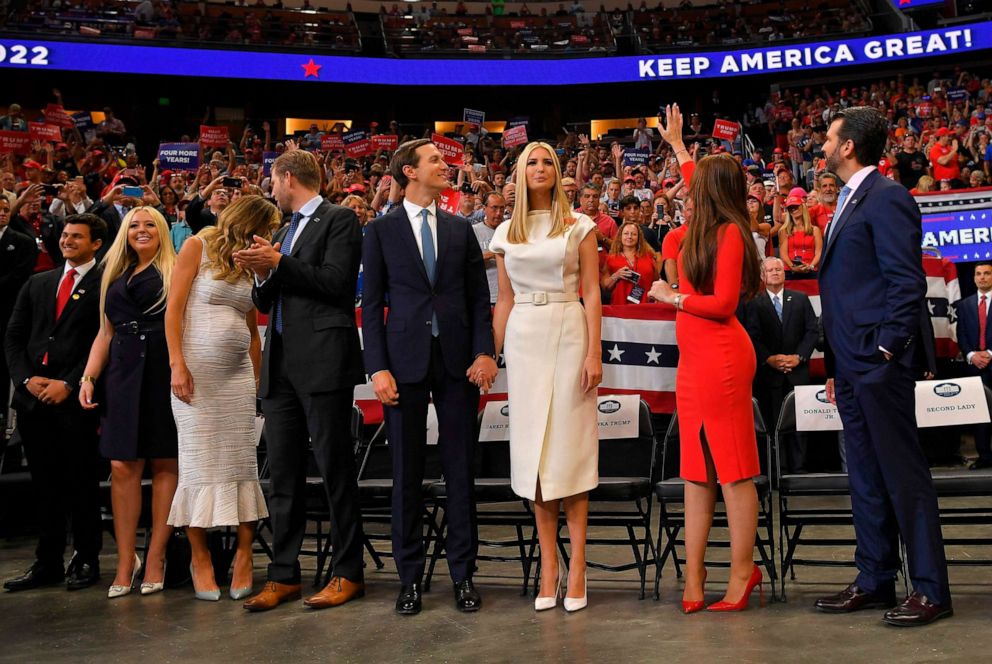 PHOTO: Michael Boulos, Tiffany Trump, Lara Trump, Eric Trump, Jared Kushner, Ivanka Trump, Kimberly Guilfoyle, and Donald Trump Jr. arrive at a rally for President Donald Trump, in Orlando, Fla., June 18, 2019. 