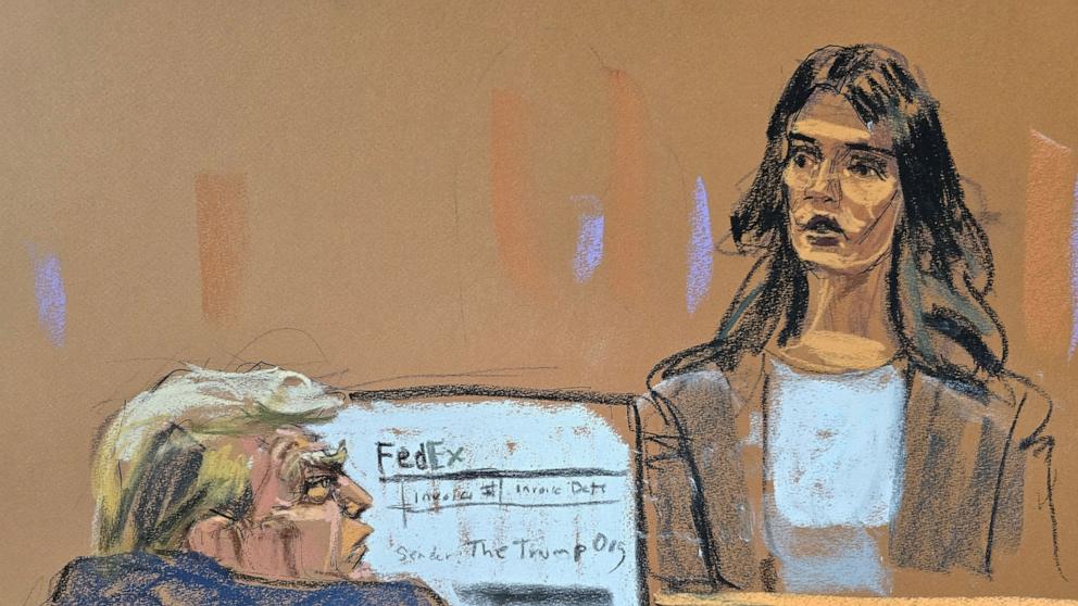 PHOTO: Former President Donald Trump sits in front of a FedEx sign as Rebecca Manochio, a bookkeeper who works at Trump Organization, testifies during Trump's criminal trial in Manhattan state court in New York City, May 9, 2024 in this courtroom sketch.