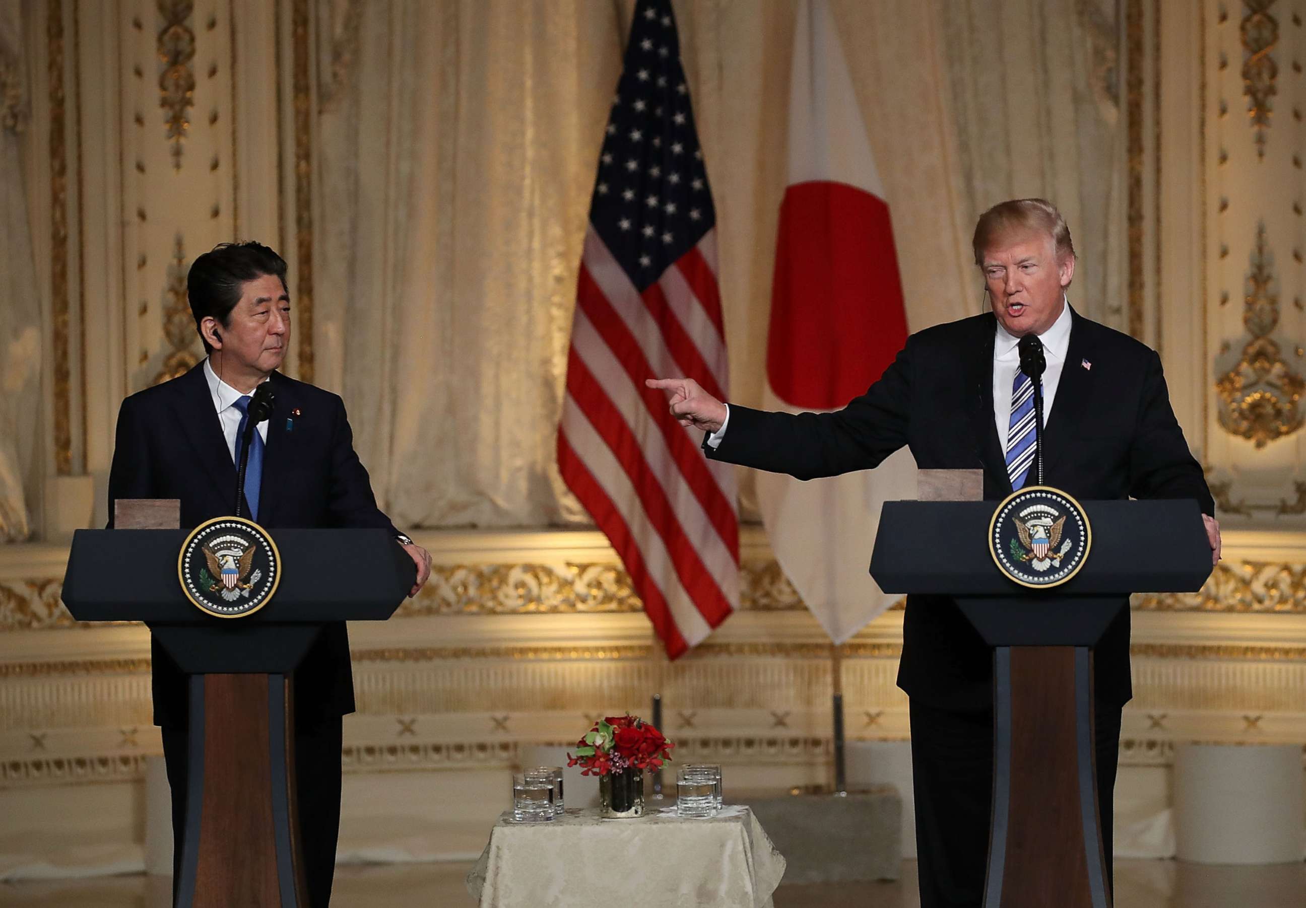 PHOTO: President Donald Trump and Japanese Prime Minister Shinzo Abe hold a news conference at Mar-a-Lago resort on April 18, 2018 in West Palm Beach, Fla.