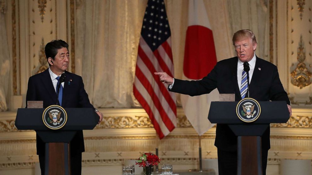 PHOTO: President Donald Trump and Japanese Prime Minister Shinzo Abe hold a news conference at Mar-a-Lago resort on April 18, 2018 in West Palm Beach, Fla.