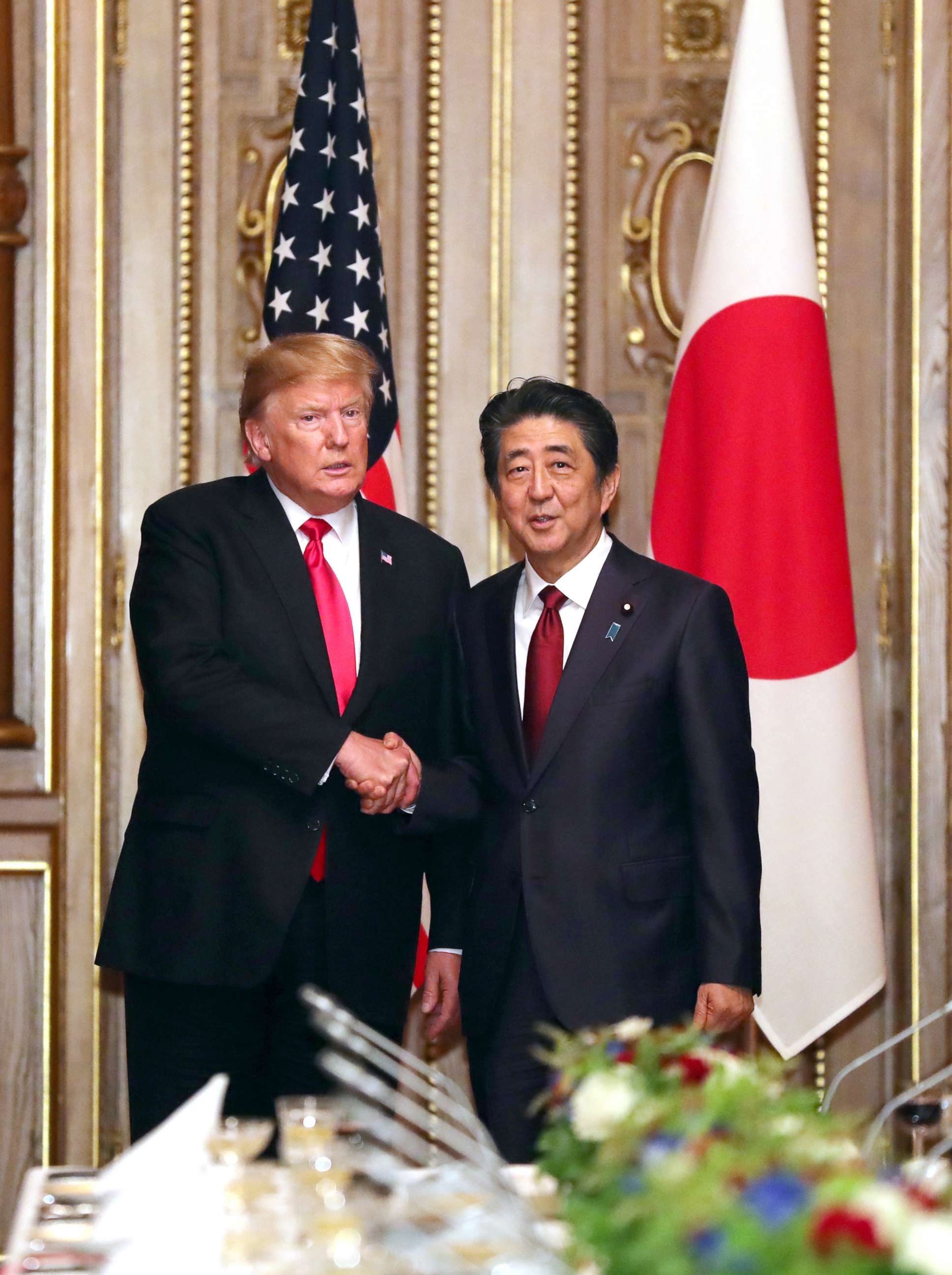 PHOTO: President Donald Trump shakes hands with Japanese Prime Minister Shinzo Abe prior to their working luncheon in Tokyo, May 27, 2019.