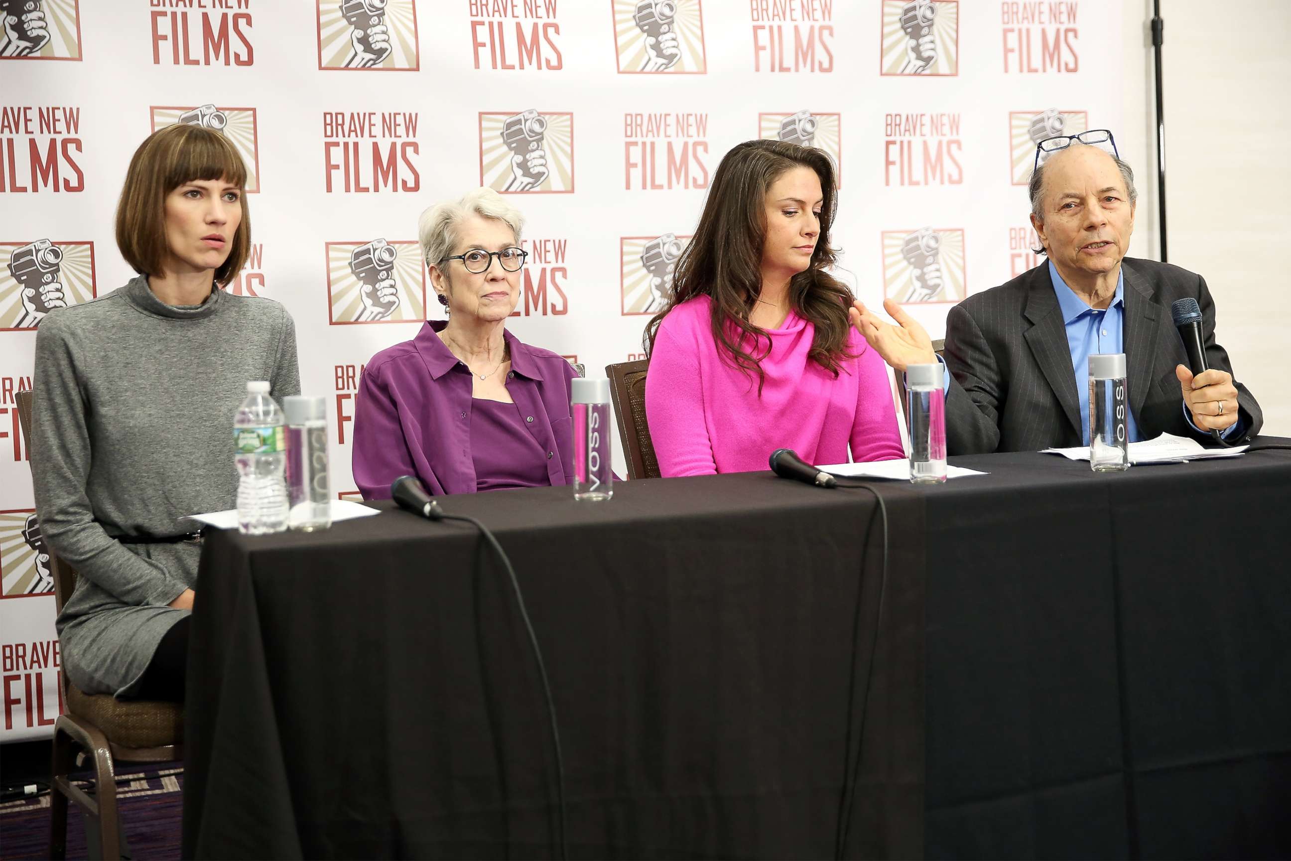 PHOTO: (L-R) Rachel Crooks, Jessica Leeds, Samantha Holvey and founder and president of Brave New Films Robert Greenwald speak during the press conference held by women accusing Trump of sexual harassment, Dec. 11, 2017, in New York City. 