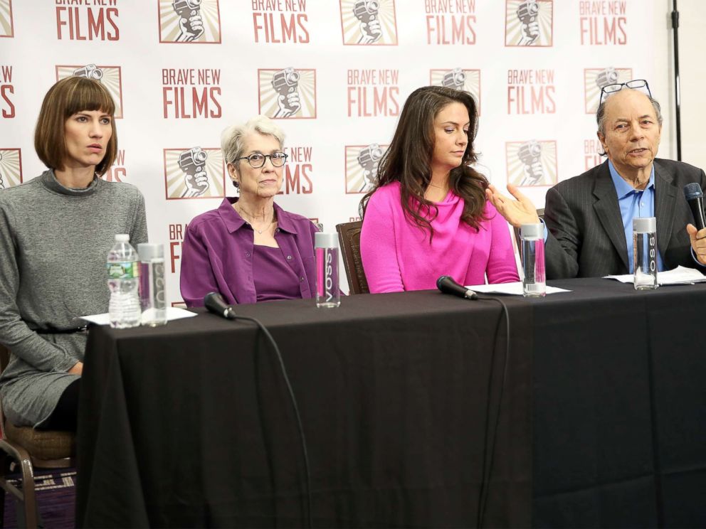 PHOTO: (L-R) Rachel Crooks, Jessica Leeds, Samantha Holvey and founder and president of Brave New Films Robert Greenwald speak during the press conference held by women accusing Trump of sexual harassment, Dec. 11, 2017, in New York City.