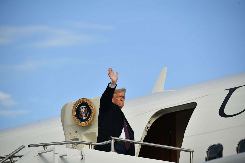 PHOTO: President Donald Trump waves as he boards Air Force One before departing from Andrews Air Force Base in Maryland, Oct. 1, 2020. 