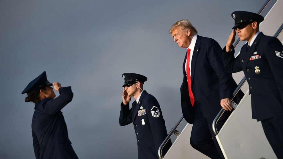 PHOTO: President Donald Trump disembarks Air Force One at Joint Base Andrews in Maryland,  on Oct. 3, 2019, after returning from Florida.