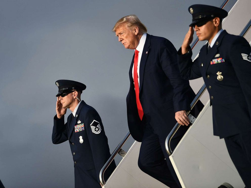 PHOTO: President Donald Trump disembarks Air Force One at Joint Base Andrews in Maryland, on Oct. 3, 2019, after returning from Florida.