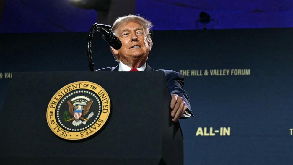 PHOTO: President Donald Trump delivers remarks at the "Winning the AI Race" AI Summit at the Andrew W. Mellon Auditorium in Washington, D.C., on July 23, 2025.