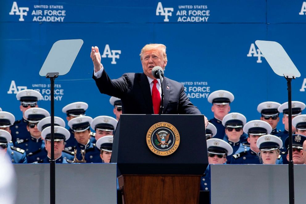 PHOTO: President Donald Trump addresses the 2019 graduation ceremony at the United States Air Force Academy, May 30, 2019, in Colorado Springs, Colo.