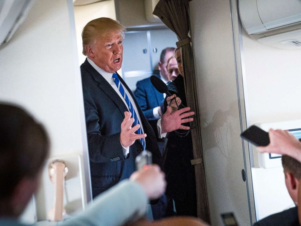 PHOTO: President Donald Trump denied knowledge about the payment by his personal lawyer Michael Cohen to porn film actress Stephanie Clifford, also known as Stormy Daniels, while speaking with reporters aboard Air Force One on April 5, 2018.