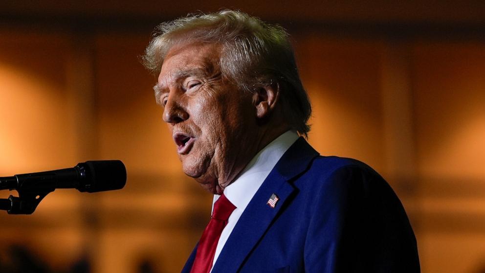 PHOTO: Republican presidential nominee former President Donald Trump speaks for a campaign rally at PPL Center, Oct. 29, 2024, in Allentown, Pa. 