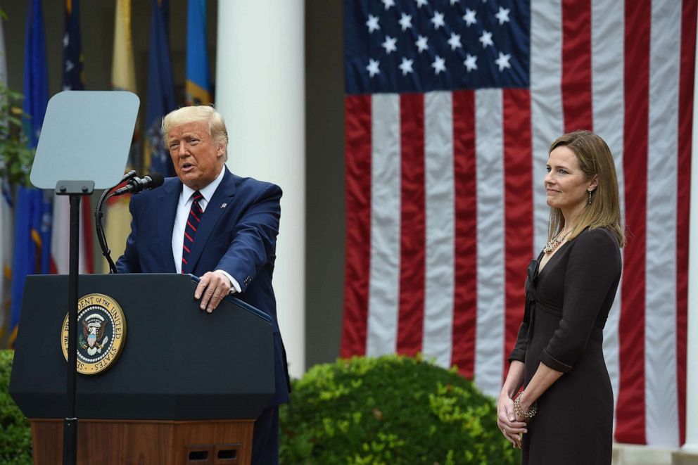 PHOTO: President Donald Trump announces his US Supreme Court nominee, Judge Amy Coney Barrett in the Rose Garden of the White House in Washington, DC, on Sept. 26, 2020.