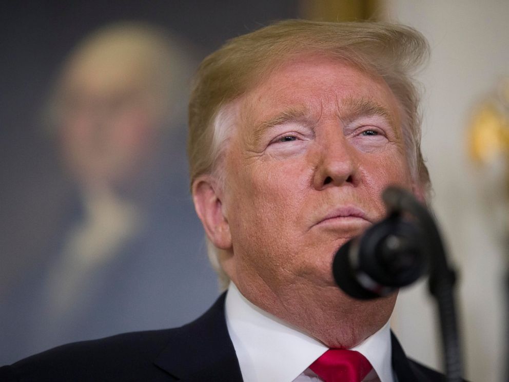 PHOTO: President Donald Trump pauses while speaking about the partial government shutdown, immigration and border security in the Diplomatic Reception Room of the White House, in Washington, Saturday, Jan. 19, 2019.