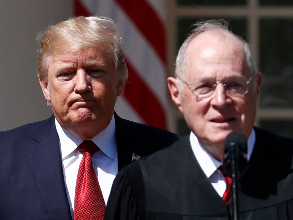 PHOTO: President Donald Trump and Supreme Court Justice Anthony Kennedy participate in a public swearing-in ceremony for Justice Neil Gorsuch in the Rose Garden of the White House in Washington, April 10, 2017.