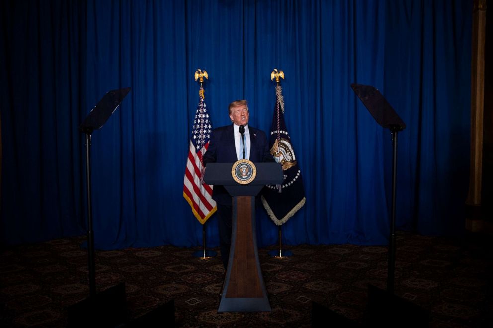 PHOTO: President Donald Trump delivers remarks on Iran, at his Mar-a-Lago property, on Jan. 3, 2020, in Palm Beach, Fla.
