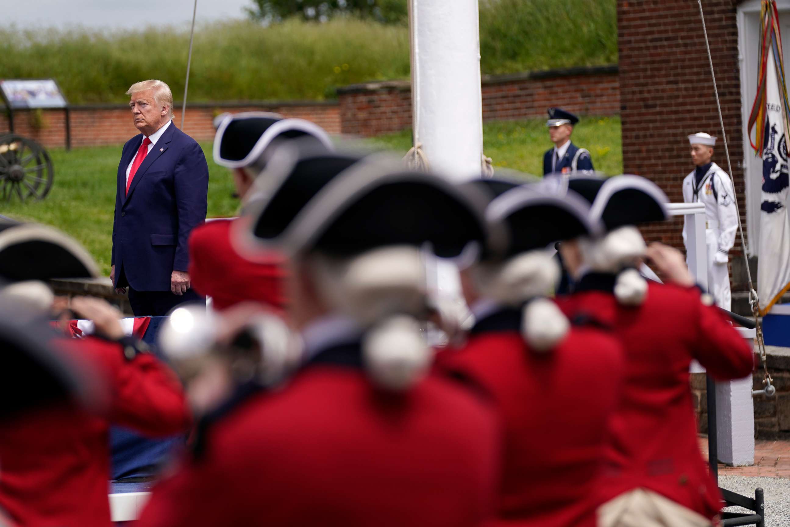 PHOTO: President Donald Trump participates in a Memorial Day ceremony at Fort McHenry National Monument and Historic Shrine, May 25, 2020, in Baltimore. 