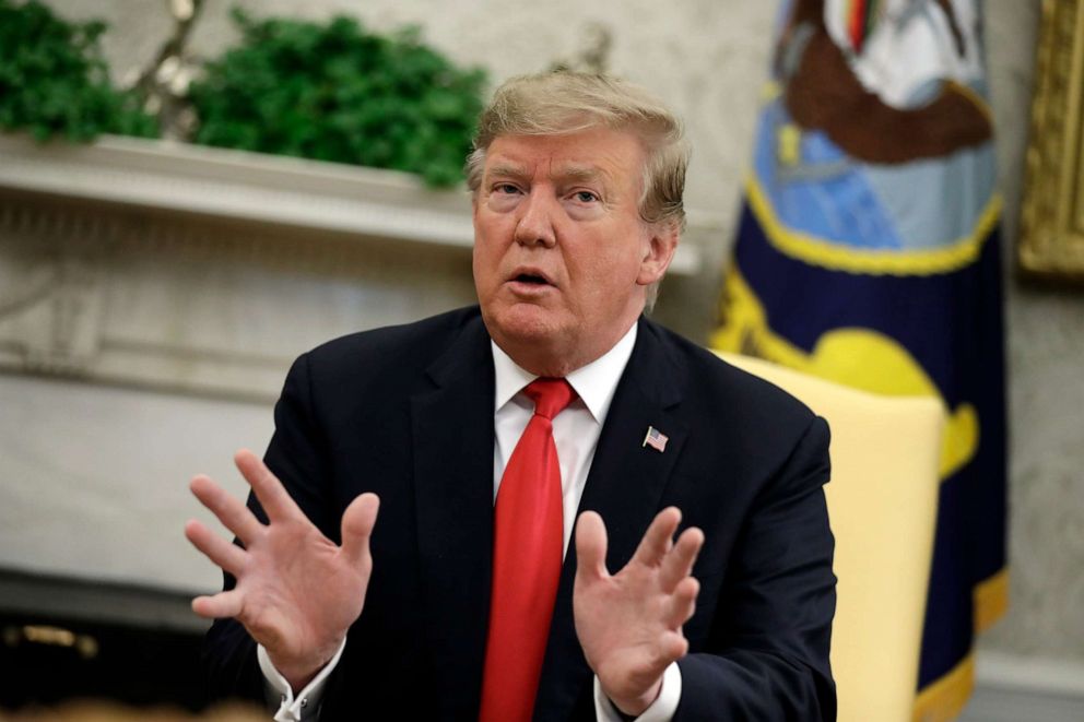 PHOTO: President Donald Trump speaks during his meeting with NATO Secretary General Jens Stoltenberg in the Oval Office on April 2, 2019 in Washington, DC